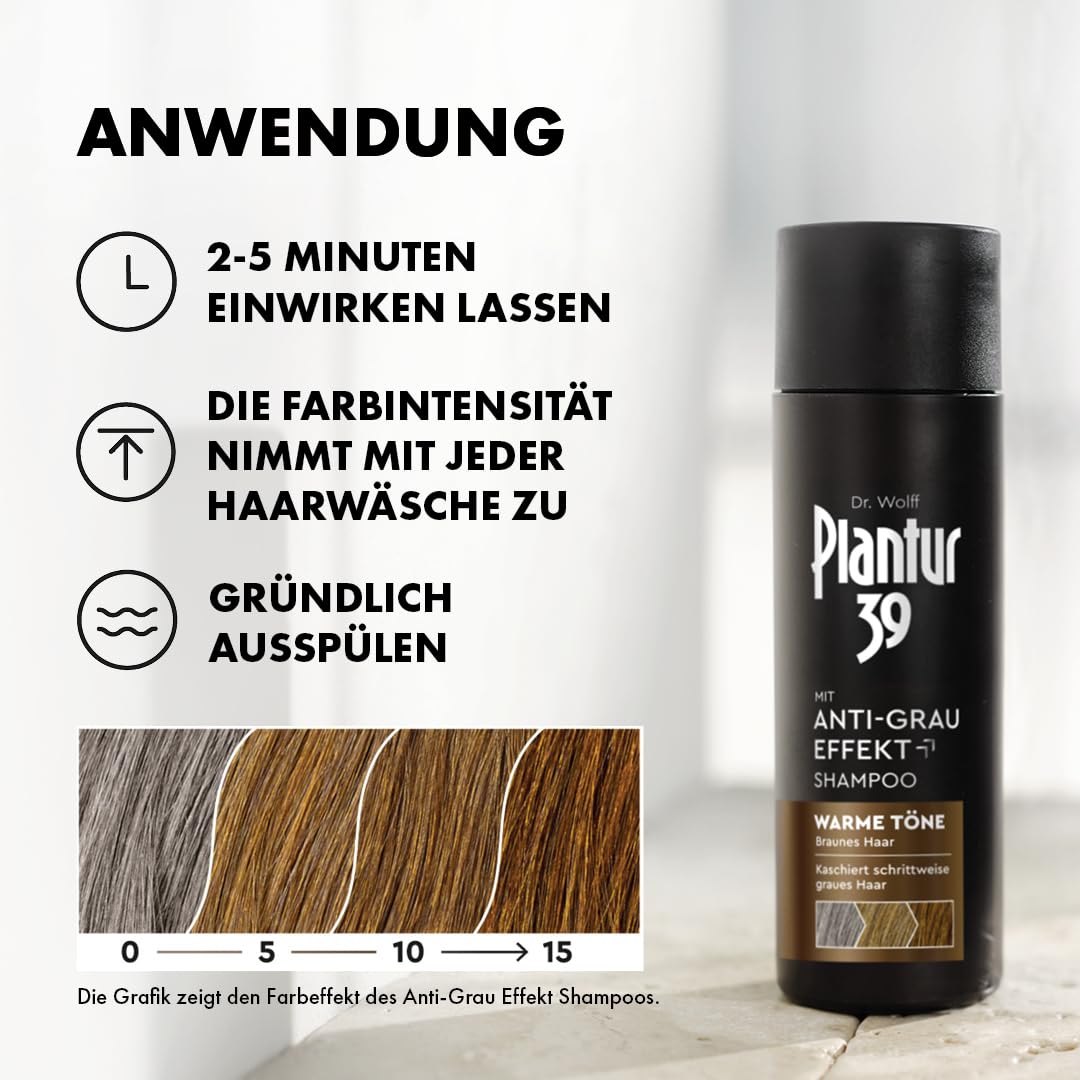 Plantur 39 Anti-Grau Effekt Shampoo, 1 x 200 ml - Für warme Töne und braunes Haar - Kaschiert schrittweise graue Haare ohne Färben - Coffein-Shampoo für Frauen für kräftiges Haar