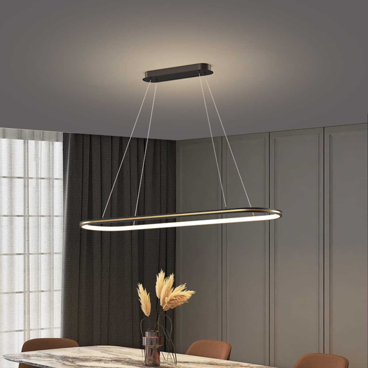 Dimbare ovale LED kroonluchter hanglamp moderne eettafel kantoor lampen met afstandsbediening Ring hanglamp hoogte instelbare schittering vrije kamer studie woonkamer keuken armatuur (Zwart, L100cm
