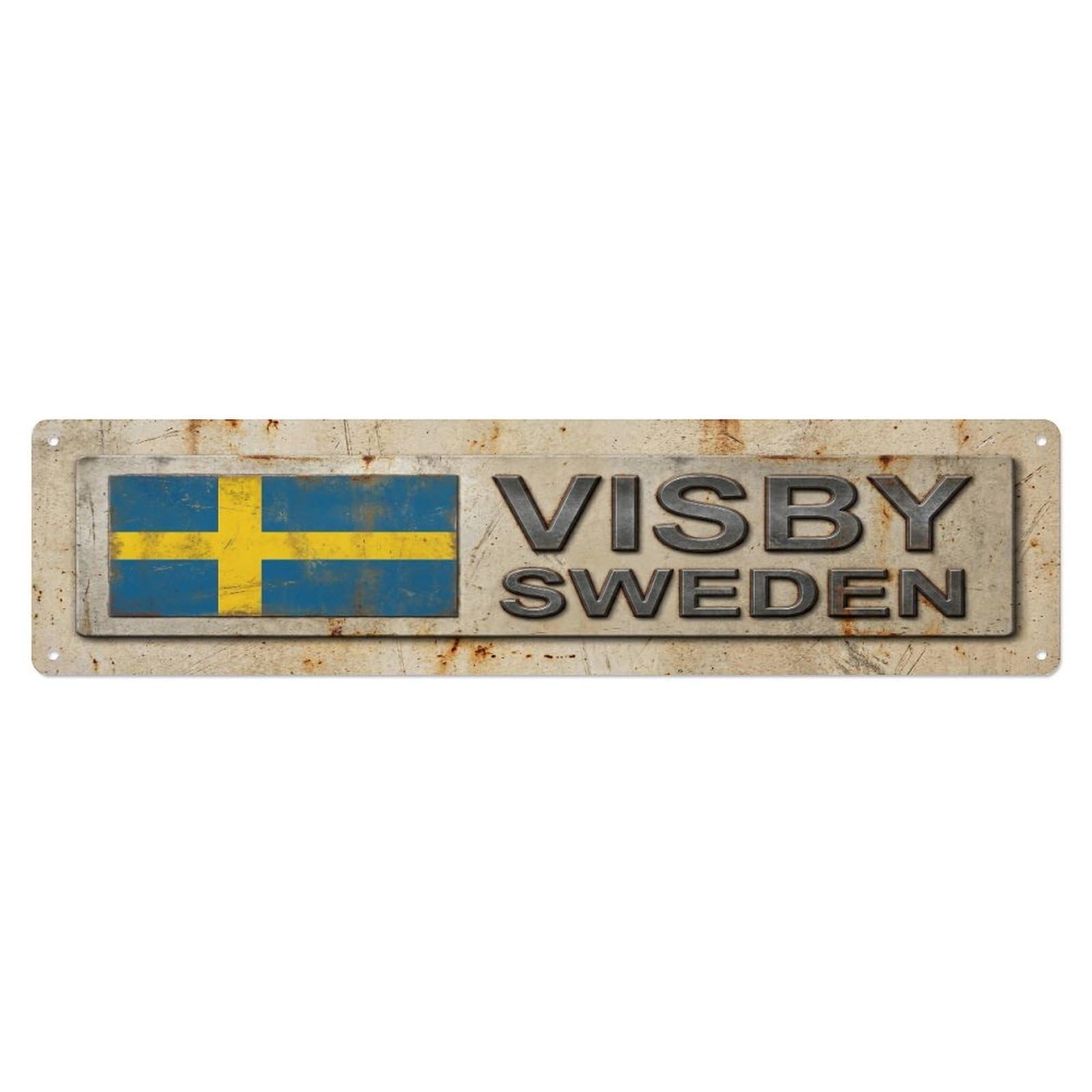 Metal Tin Sign Vintage Visby Sweden Flag Decor Rustic Travel