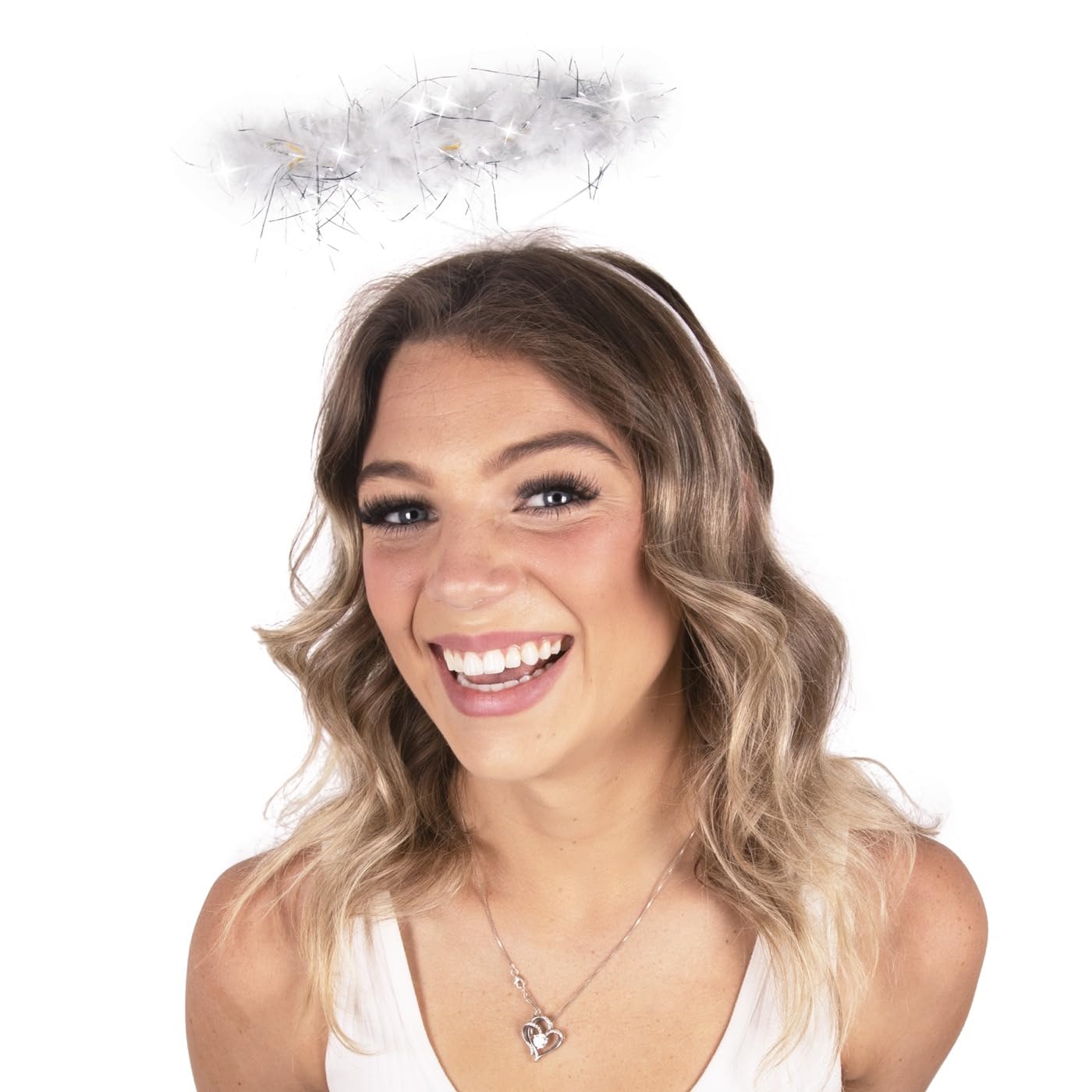 Kangaroo Angel Halo Headband for Women – Light Up Feather Headband Halo Prop with 6 White LED Lights, Fluffy White Angel Costume Accessory for Cosplay, Photo Shoot, New Year Eve & Easter Event