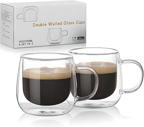 Miniatura 8 de Expresso Cups - Juego de 2 tazas de café de vidrio con aislamiento de doble pared con asa para capuchinos con leche, tazas de chupito de espresso de