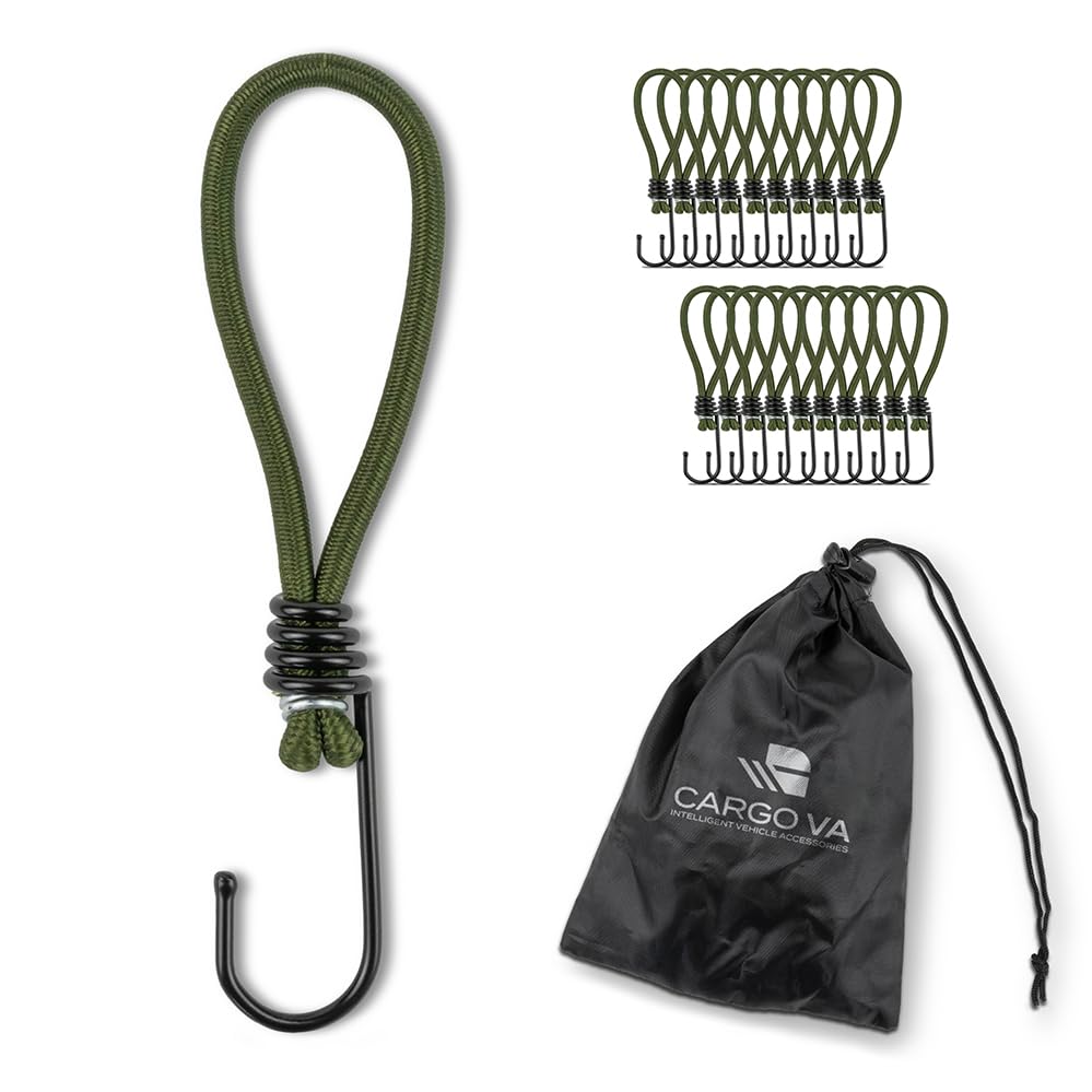 CargoVA® - 20 Spanngummis mit Haken und praktischer Tasche - Expanderhaken für Planen und Netze Olivgrün - 15cm [20 Stück]