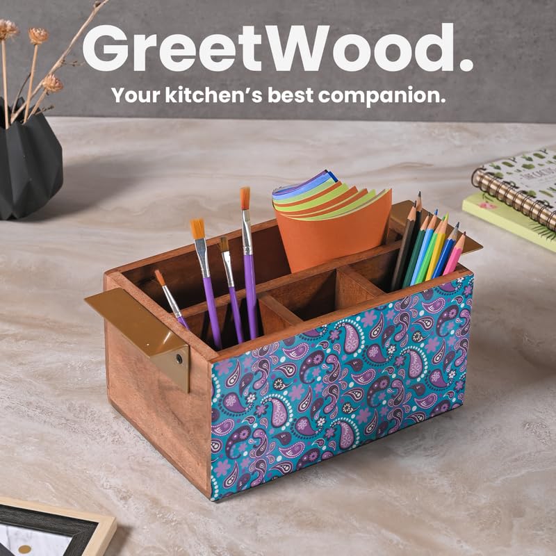 Image of Wooden Cutlery Holder for Kitchen - Handcrafted Floral Design with Sturdy Handles | Utensil & Tissue Organizer for Dining Table & Office - Purple (Printed)
