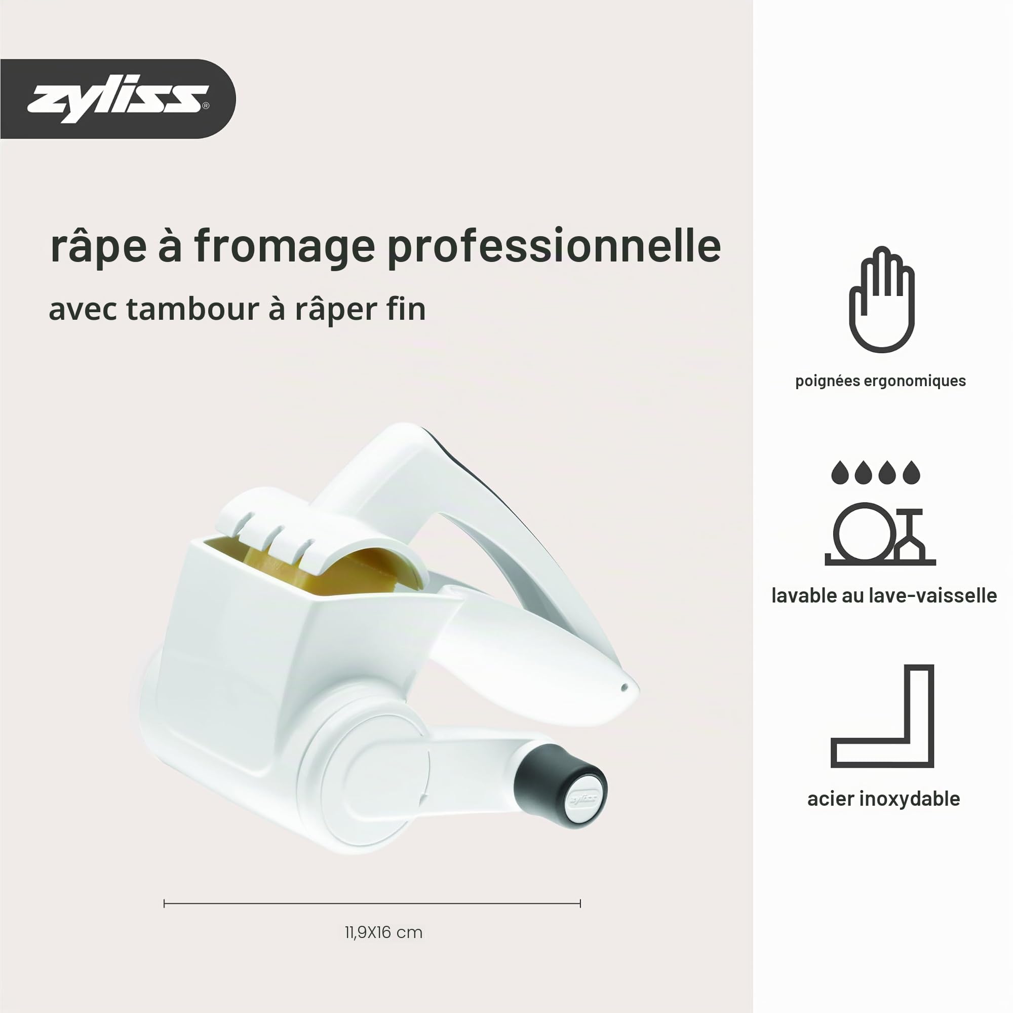 ZYLISS KC-08120 Râpe à fromage rotative classique certifiée NSF, acier inoxydable 18/8, blanc, E900020U