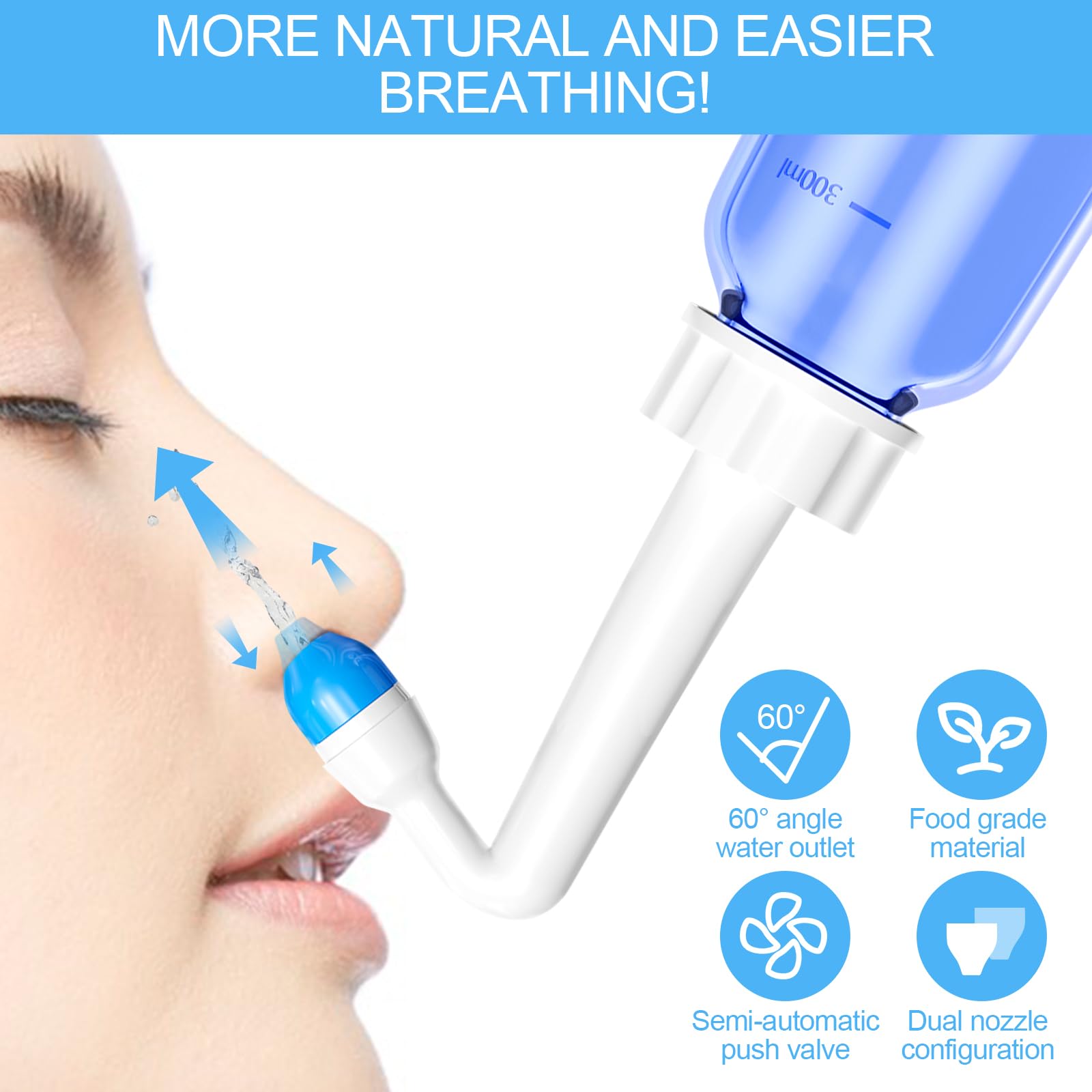Lavage Nez 300ml Seringue Nasale Adulte avec Sachets de Sel Nasal Kit Irrigation Nasale
