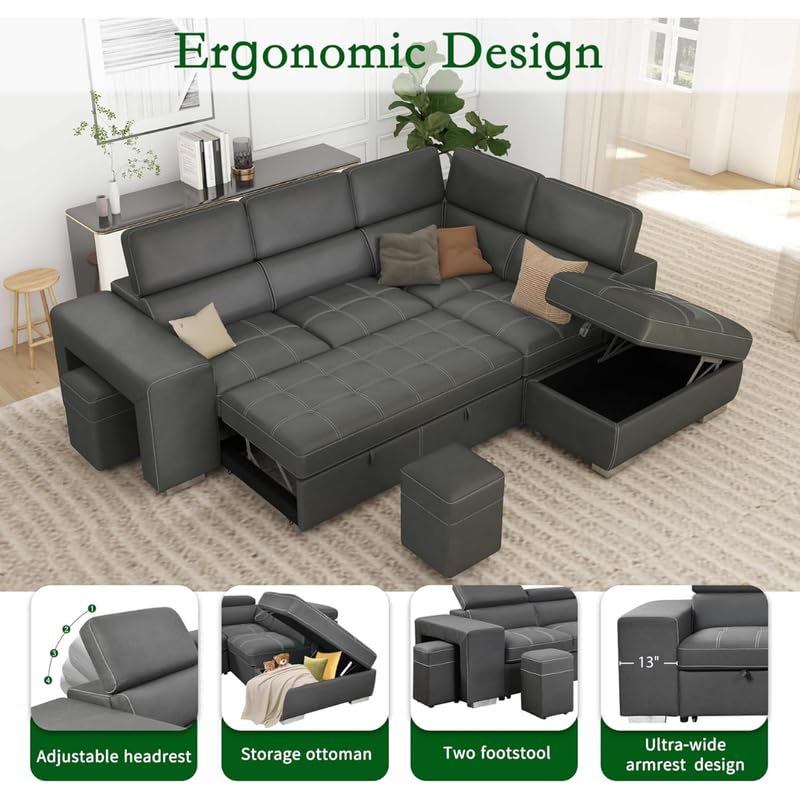 Image of Homax. - Rumi1L-Shaped Sectional Sleeper Sofa Couch in 5 piece with Pull-Out Bed, Storage Ottoman & Adjustable Headrests, Leatherette upholstered, Left-Facing Chaise, Beige