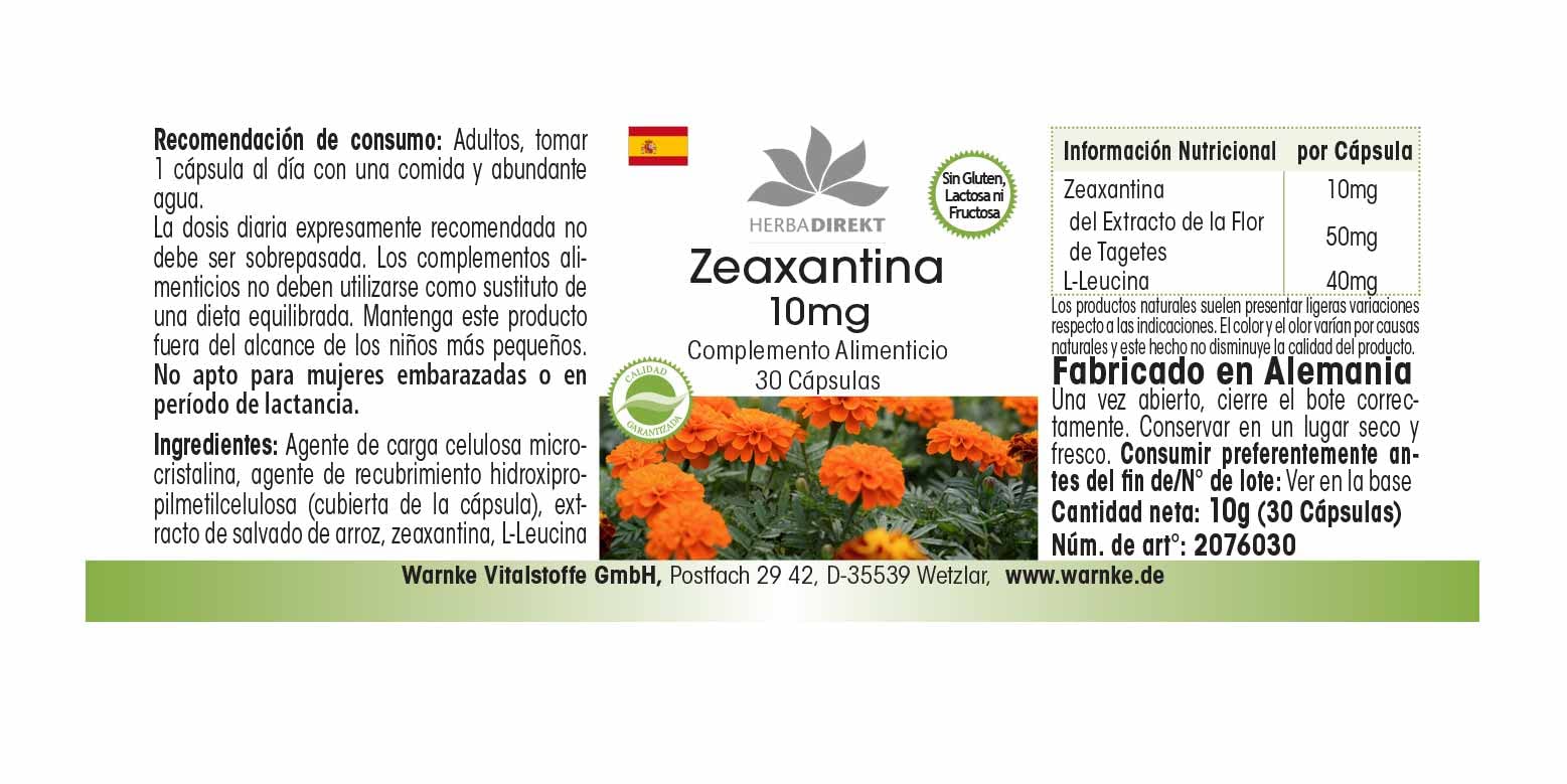 Zeaxantina 10mg - Ottenuto da 50mg d’estratto dai fiori di calendula - 30 capsule - Vegan | HERBADIREKT by Warnke Vitalstoffe - Qualità da farmacia tedesca