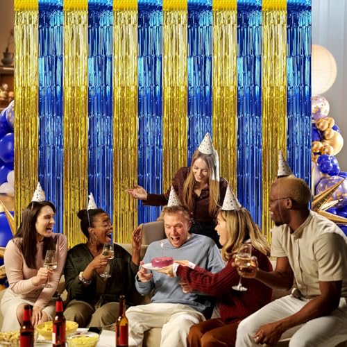 Image of Graduation Party Decoration 2 Pack 3.2x6.6 ft Blue Gold Metallic Tinsel Foil Fringe Streamers Curtain Photo Booth Background for Graduation Prom Wedding Birthday Party Decorations