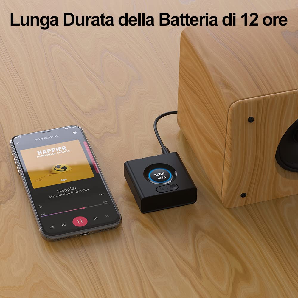 1Mii Ricevitore Bluetooth HiFi, Adattatore Audio Bluetooth 5.1 RCA/AUX 3,5mm Jack con Batteria da 12 Ore, con Modalità Bassi, Bassa Latenza per Impianto Stereo, Amplificatore, Casse Attive- ML200