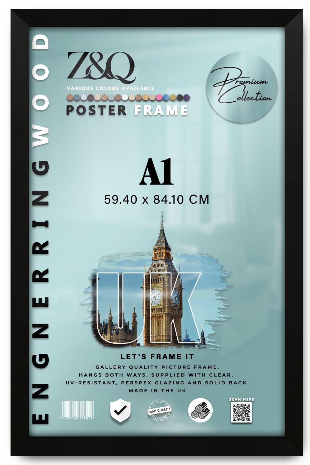Z&Q - Rectangle Classic Black MDF Wood Finish A1 (59.40 x 84.10 CM) Frame for Posters | Eton Wood 33 x 23 Inch For Art Gallery, Home Décor [ Matt Black ]