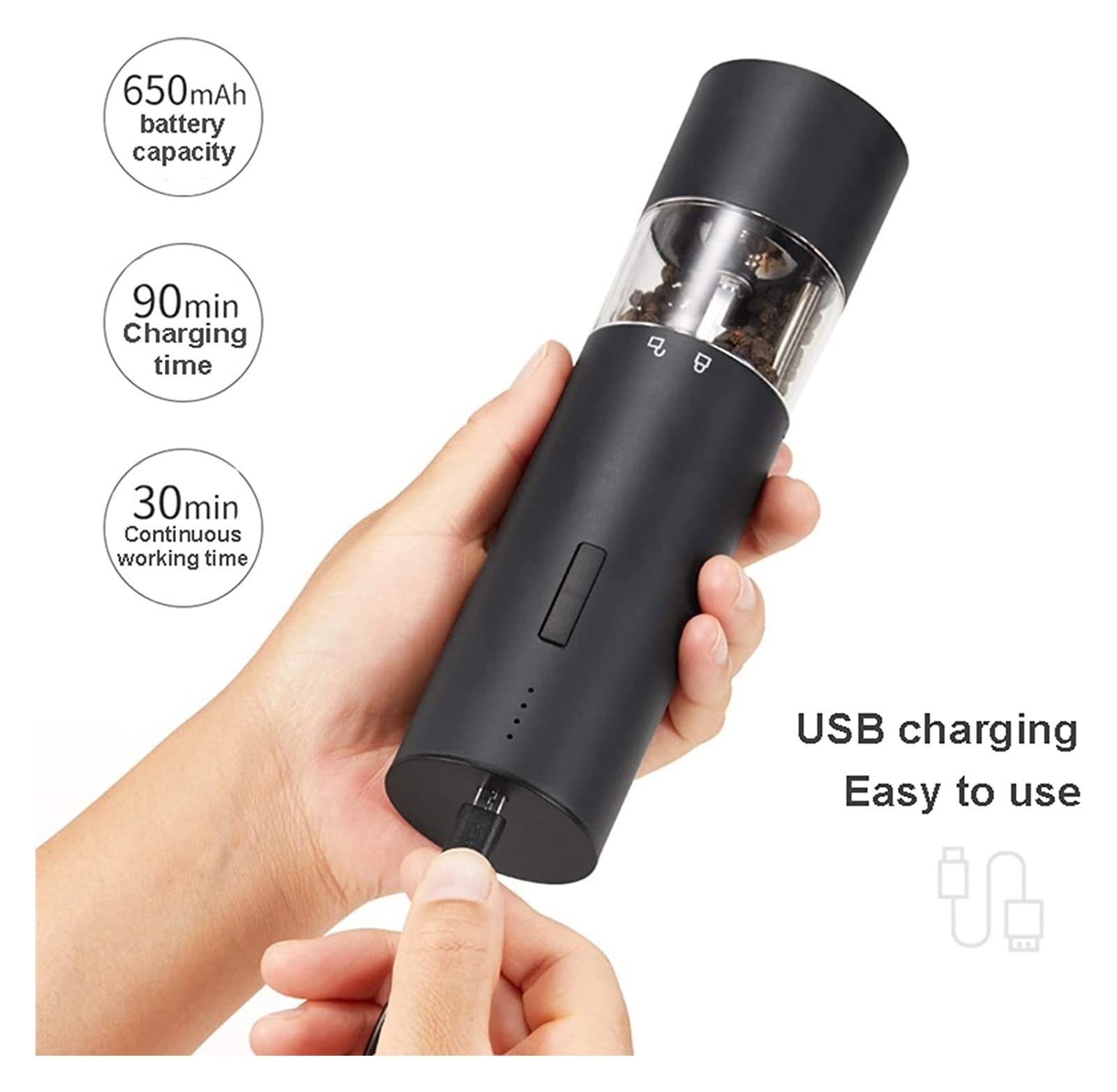 Młynek do Soli Młynek do Pieprzu Elektryczny Młynek Do Soli I Pieprzu Zestaw Ładowania USB, Do Pieprzu, Suszonych Ziół, Przypraw Młynek do Pieprzu i Soli Młynki do Pieprzu (Color : Black, Size : 19.