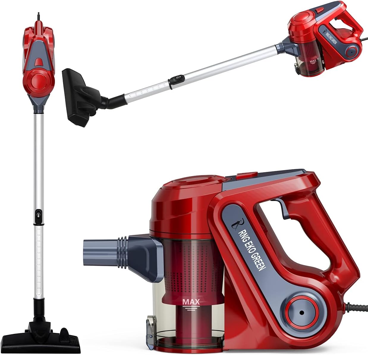 RNG EKO Green - 1000W Compact Multi-Function 20 KPA Cyclonic Power 2 in 1 Handheld & Stick Bagless Home Vacuum Cleaner- (Metallic Red + Grey)