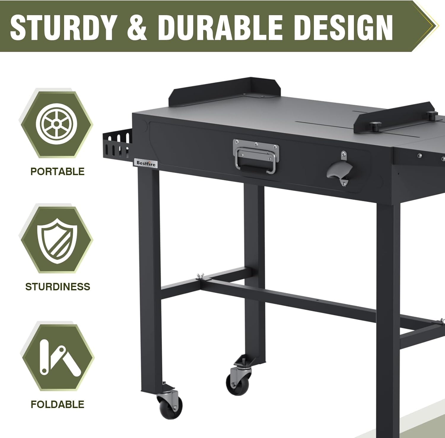 Bestfire Grill Table for Blackstone Griddle 14-28", Foldable Grill Cart with Wheels, Portable Outdoor Kitchen Prep Table with Seasoning Tray & Tool Hooks for Camping & BBQ