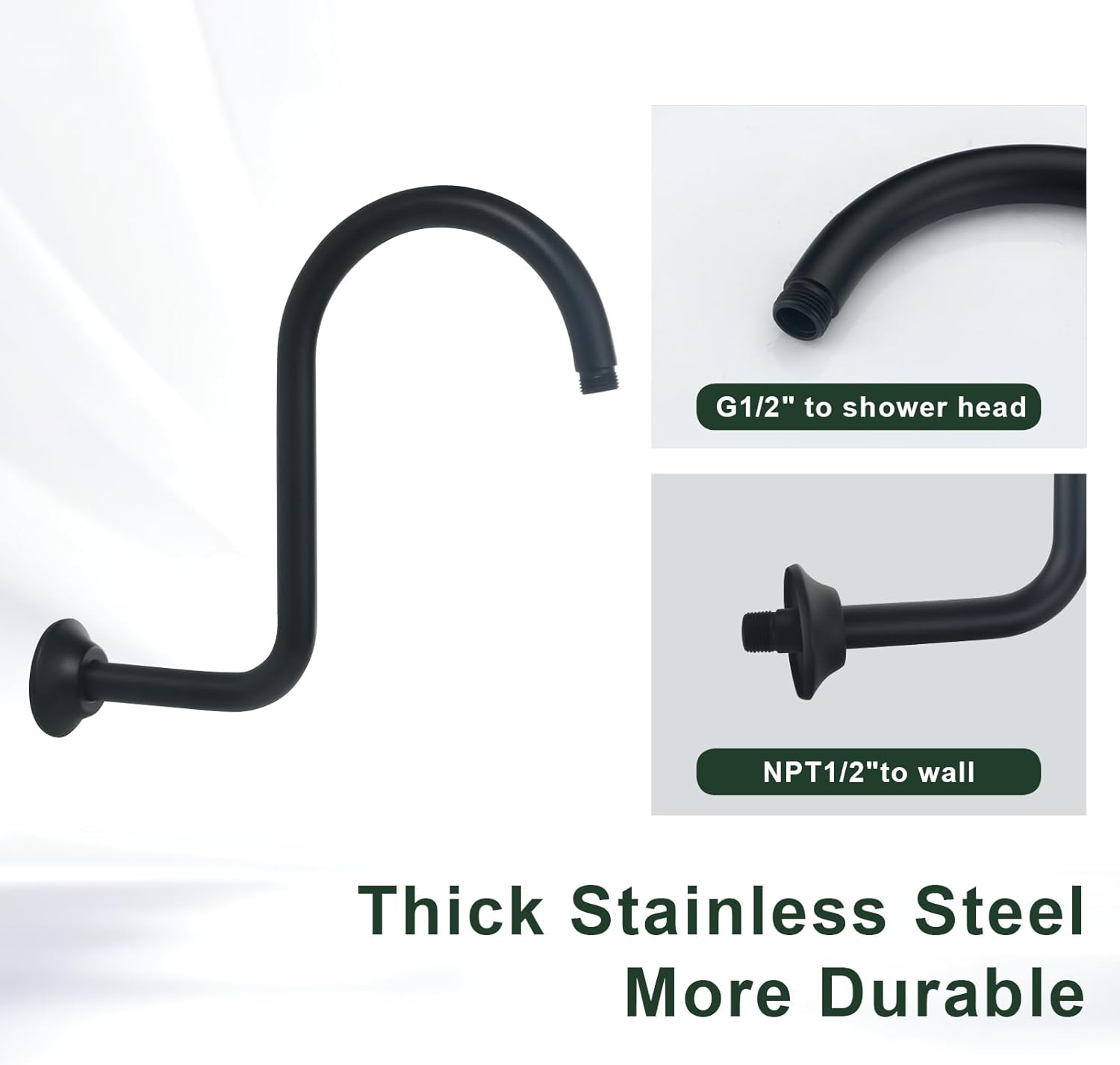 Shower Head Extension Arm with Flange, High Rise S Shaped Showerhead Extension Extender For Fixed Shower Head, Matte Black