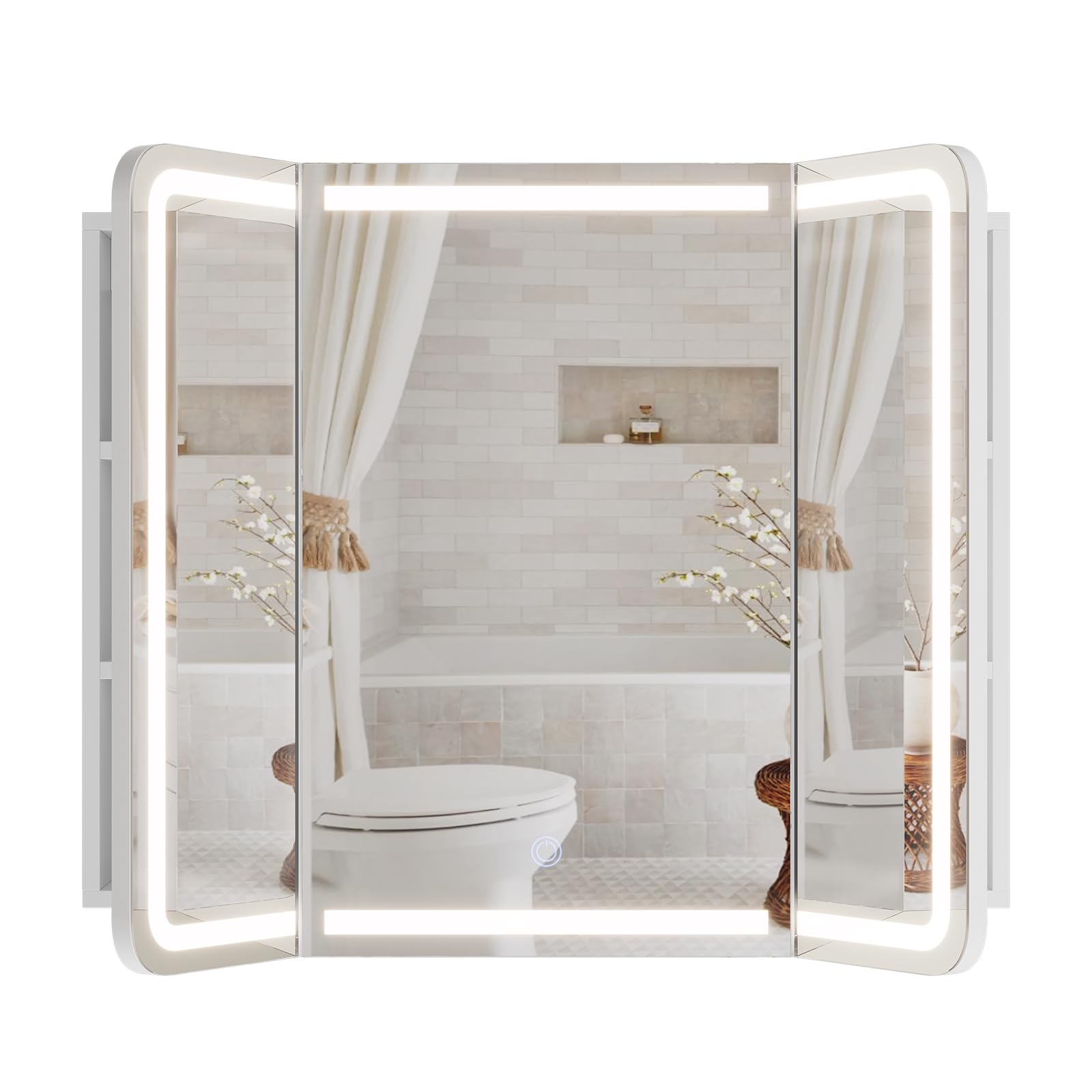 Mobile Bagno Specchio con Luce e Contenitore – Armadietto a Specchio 3 Ante, Larghezza 80 cm – Specchio Bagno LED 3 Colori Dimmerabile – Specchiera Bagno con Ricarica USB+Prese