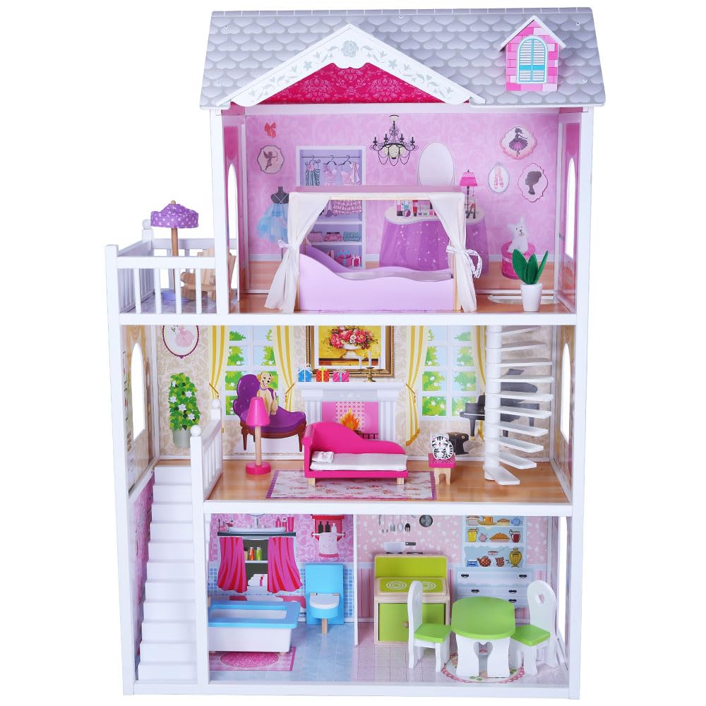 Bandits & Angels Puppenhaus aus Holz, Barbie-Haus, Angels Country House, ab 3 Jahren, 124 cm hoch – inklusive 14 Möbelstücken – für Barbie-Puppen – Puppenhaus – Puppenspielzeug