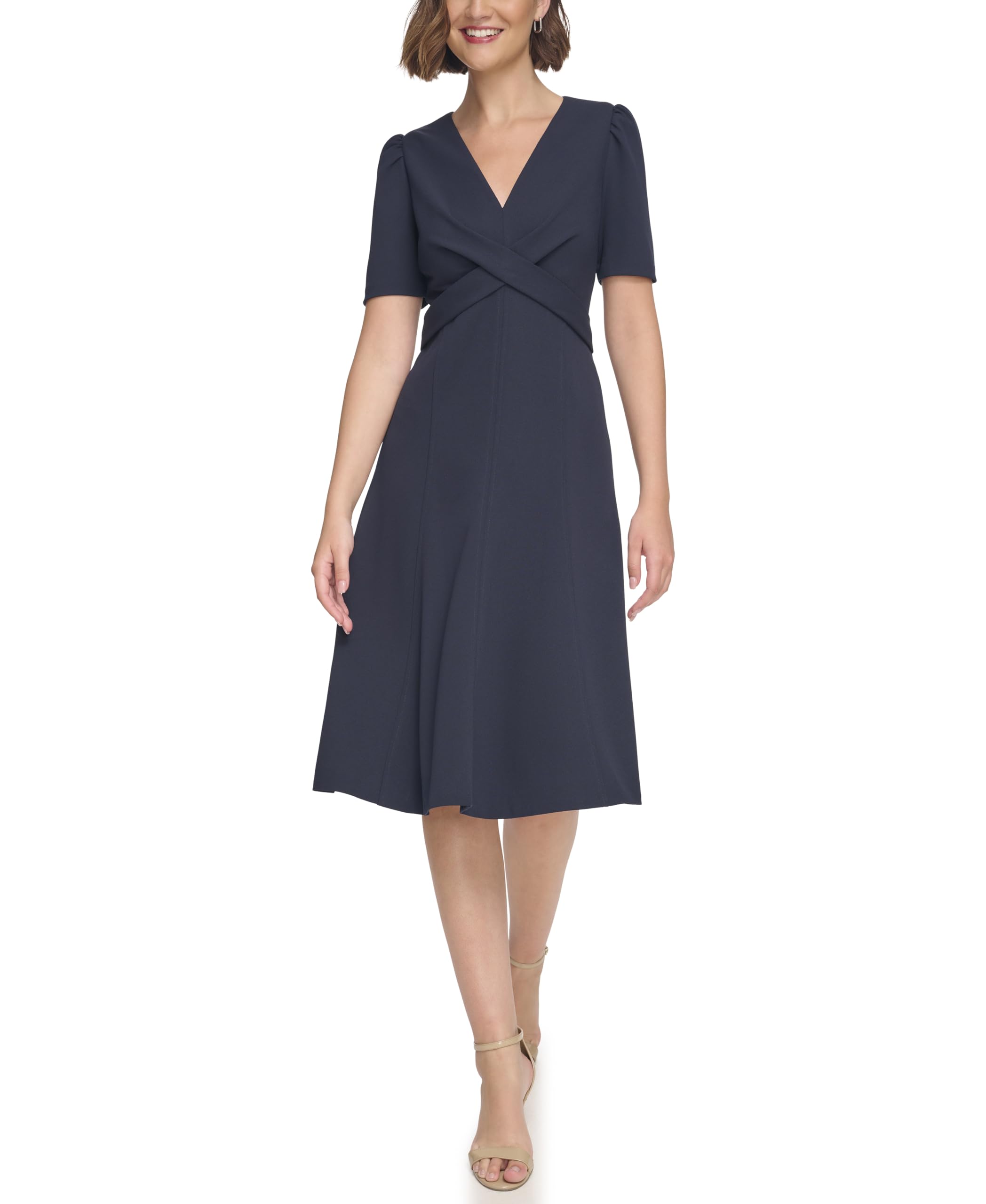 Tommy Hilfiger Womens Scuba Crepe Structured Short Puff Sleeve