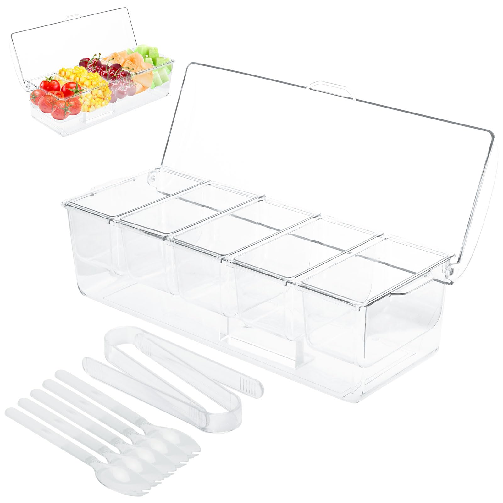 Kühle Genüsse - Ice Bar Set mit 5 Einsätzen, 5 Löffeln und 2 Zangen - Cocktailparty, Bar, Buffet - Pizza, Obst - BPA-frei, leicht zu reinigen - Großer Kapazität, Serviertablett für Obst