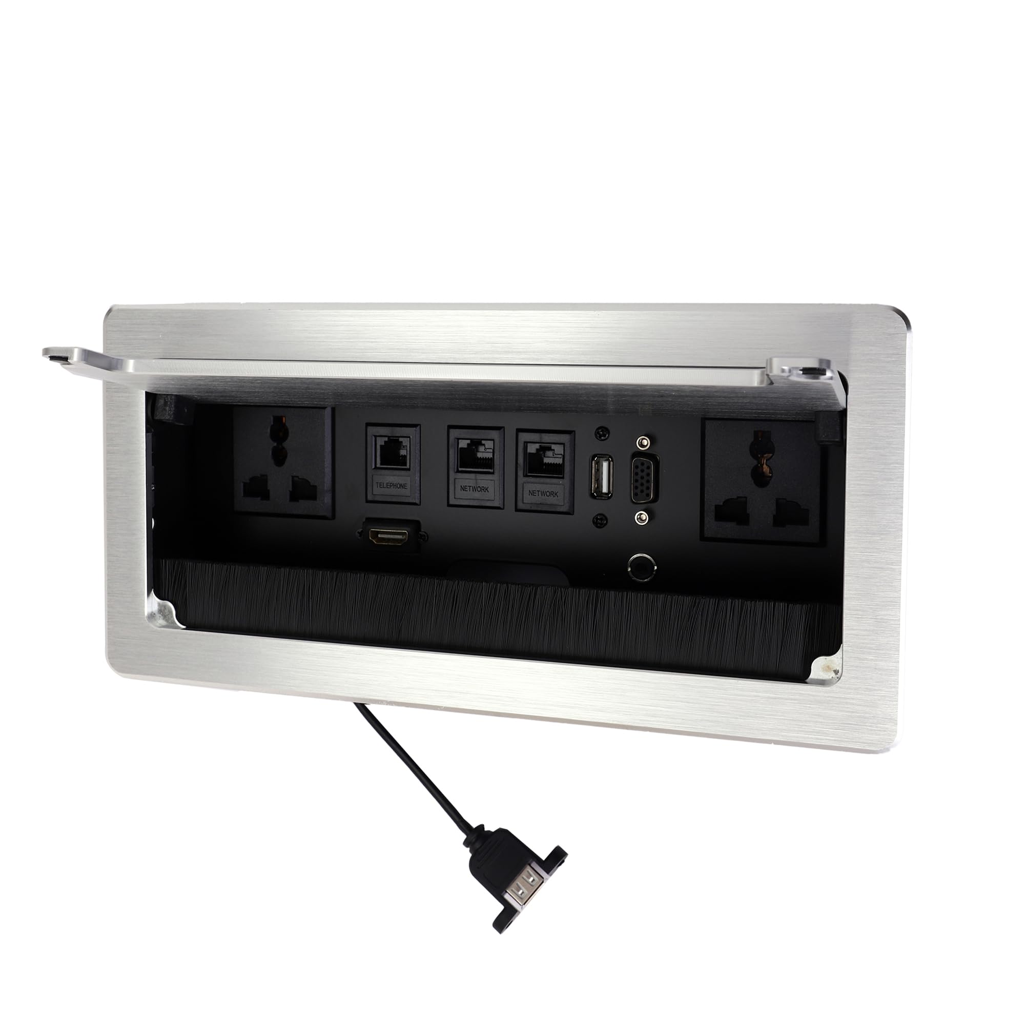 BOXNUBE Fliptop Box Cable Cubby Extension Board with Universal Power Socket, LAN, Telephone (CAT3 / RJ11), HDMI, VGA, AUX, USB Ports (Silver)