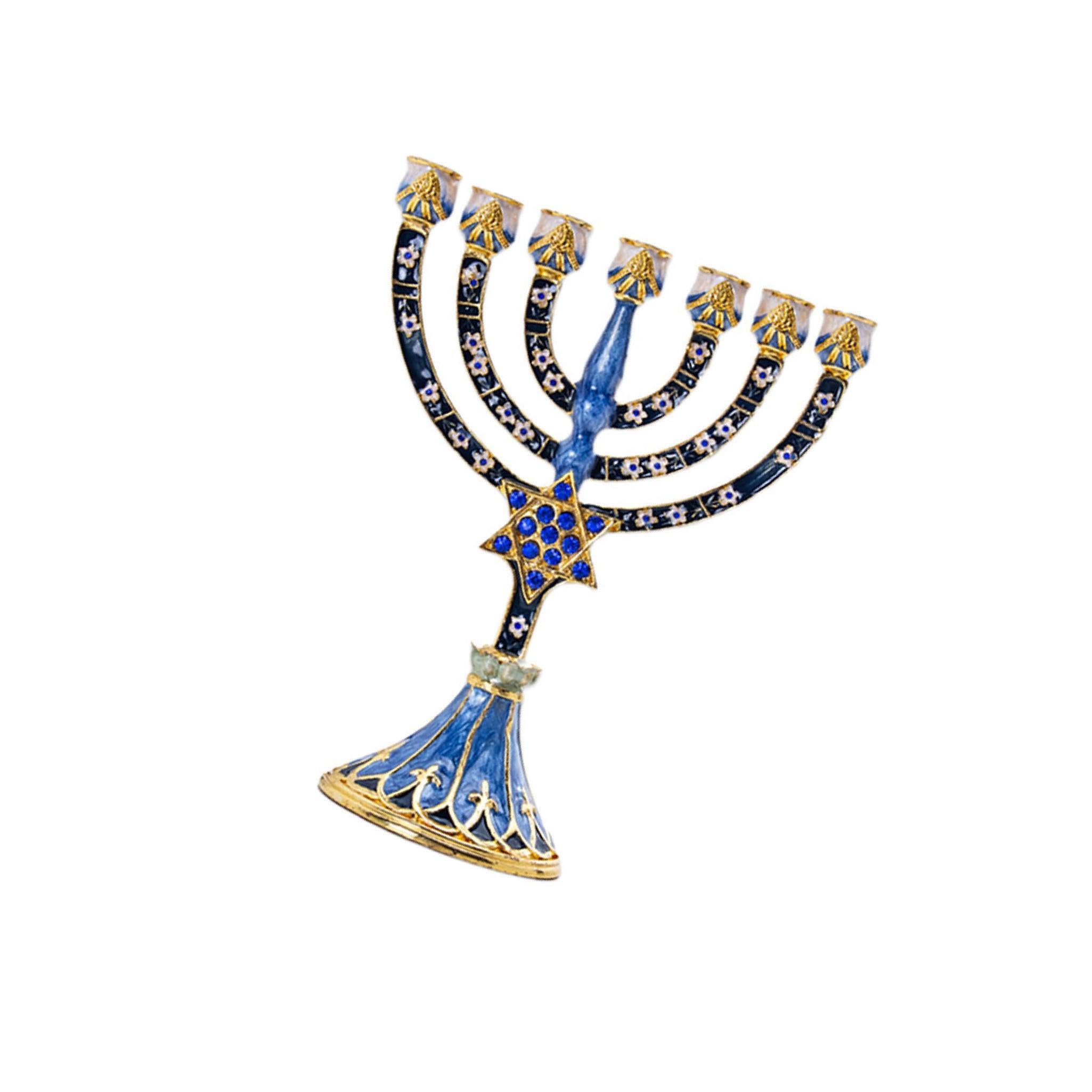 QUXVUIS Exquisite Hand Painted Hanukkah Enamel Menorah Embellished Jewish Candelabra Candle Candlesticks, Dark blue, Large