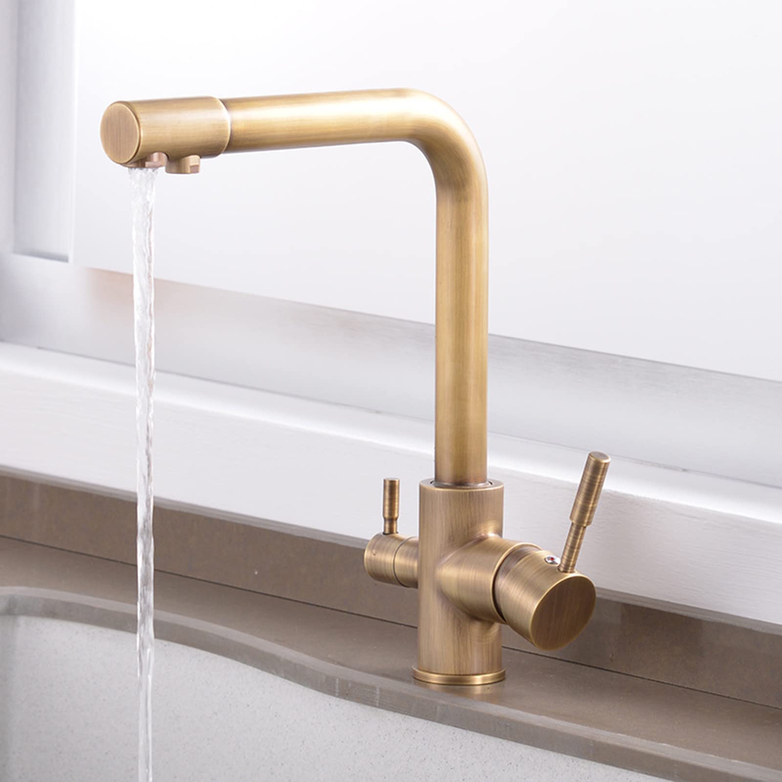 Robinet de Filtre à 3 Voies pour évier de Cuisine, Robinet de Filtre à Eau à 3 Voies, Robinet d'évier de Cuisine pivotant à 360 ° en Laiton Antique 3 en 1