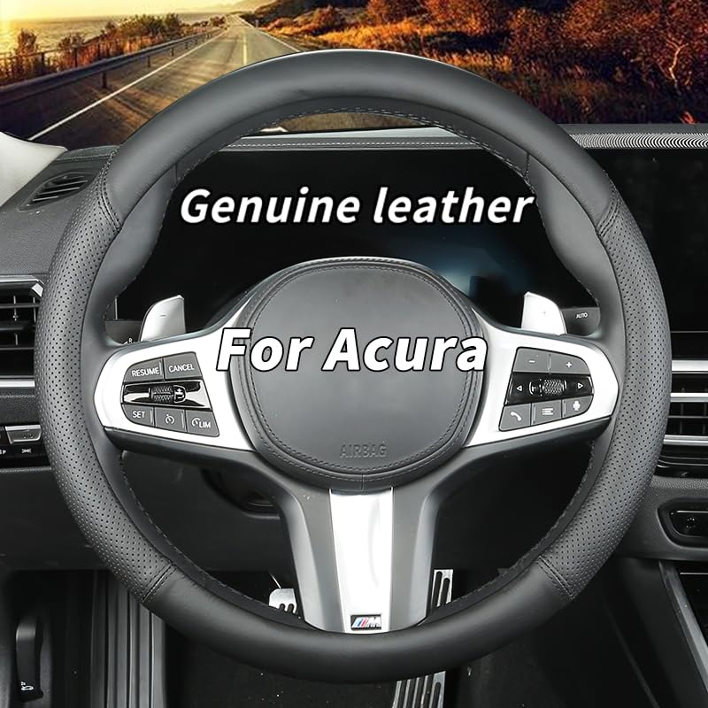 Custom-Fit for Acura Steering Wheel Cover, Genuine Leather Steering Wheel Cover, Non-Slip, Breathable, for Acura Accessories (Black (Black line), for Acura)