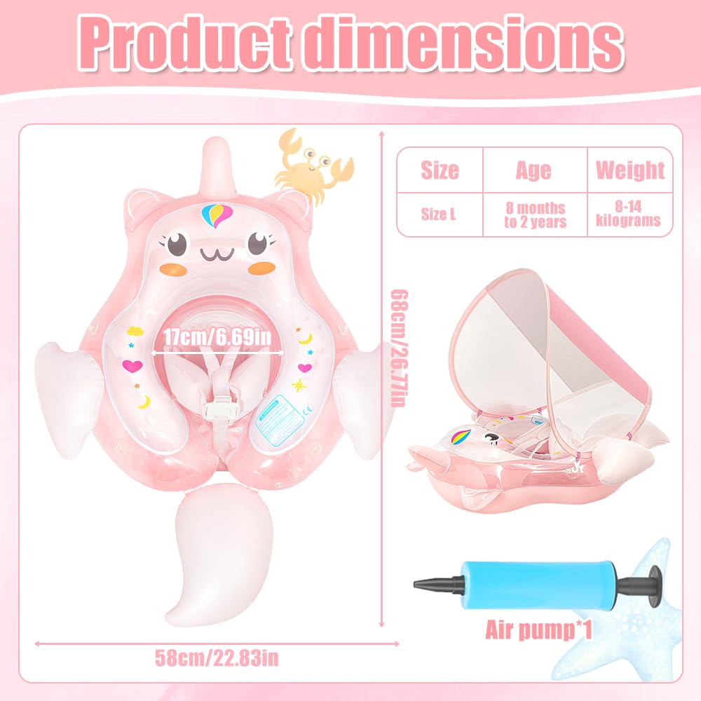 Salvagente Neonato, Ciambella Neonato Con Parasole E Pompa Ad Aria, UPF50+ Protezione UV, Salvagente Bambini Per Adatto Per Bagno, Piscina, Mare Per Bambini Dai 3 Ai 36 Mesi (L)