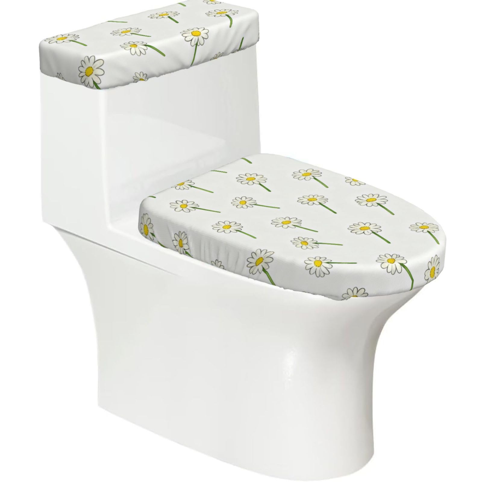 Daisy Seamless Repeat Elastic Toilet Cover Set of 2-Stretchy Lid and Tank Covers for Bathroom, Soft Washable U Shape Toilet Decor