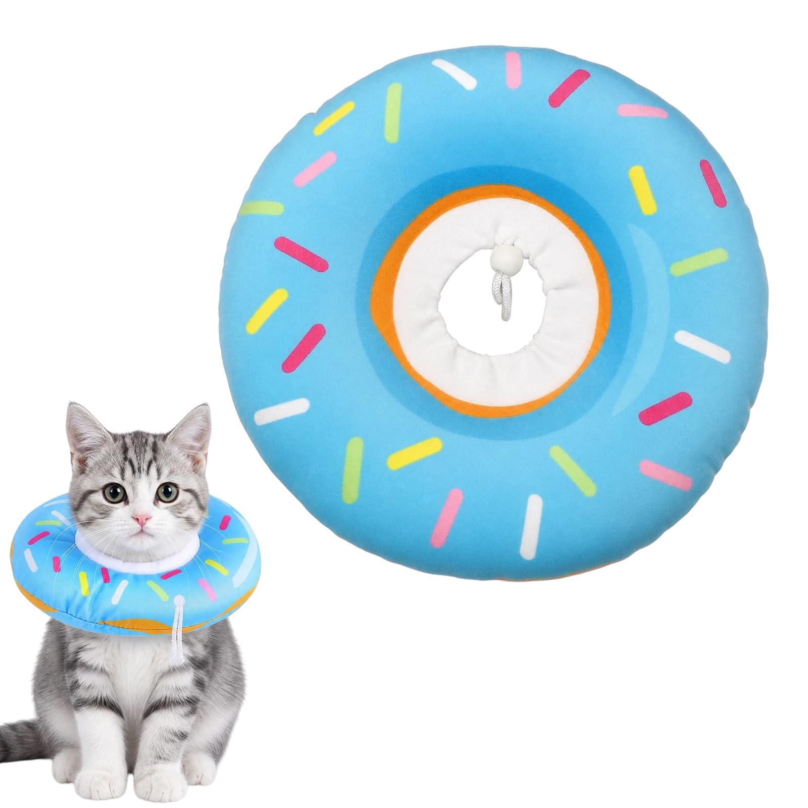 Soft Donut Cat Collar Adjustable Recovery Cone for Cats and Small Dogs Anti Lick Cat Cone Collar Donut Design Pet Neck Protection Comfortable Polyester Blue