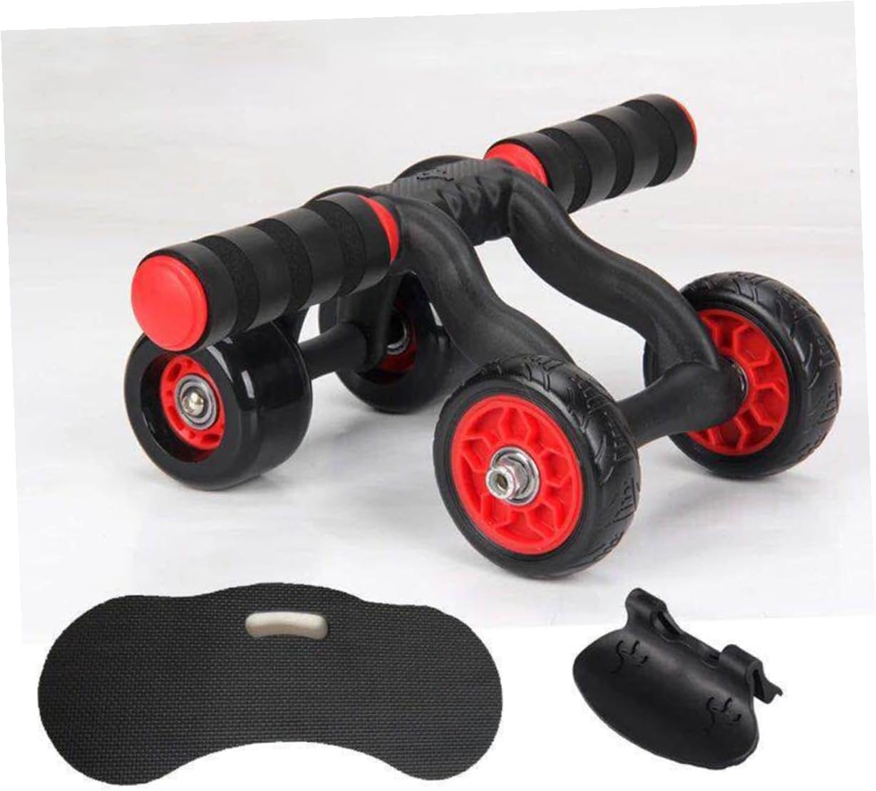 Automatic Rebound Four-wheel Abdominal Muscle Roller with Non-slip Handles and Knee Mat Silent Fitness Wheel for Core Strength Weight Loss and Home Exercise Training Black