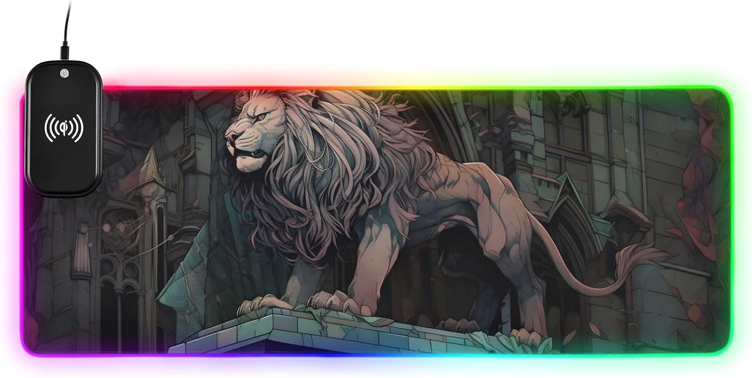 Gaming Mouse Pad, Wireless Charging RGB LED Extended DEST Mat Personalized Pattern (Animal Gothic House) with 14 Light Effects for Desk
