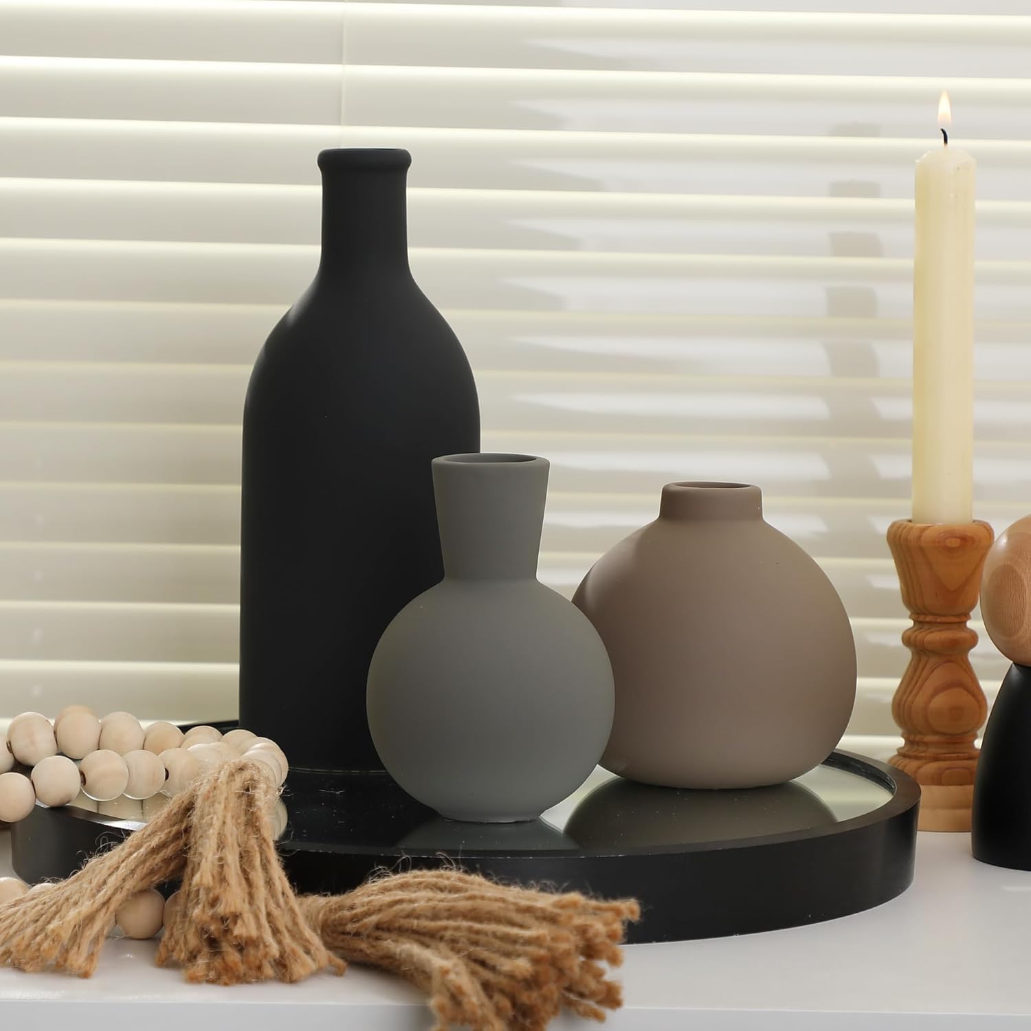 Lot de 3 vases en céramique - Décoration d'intérieur rustique - Vase en poterie pour table, salon, cuisine, chambre à coucher, salle de bain, bibliothèque, entrée (lot de 3)