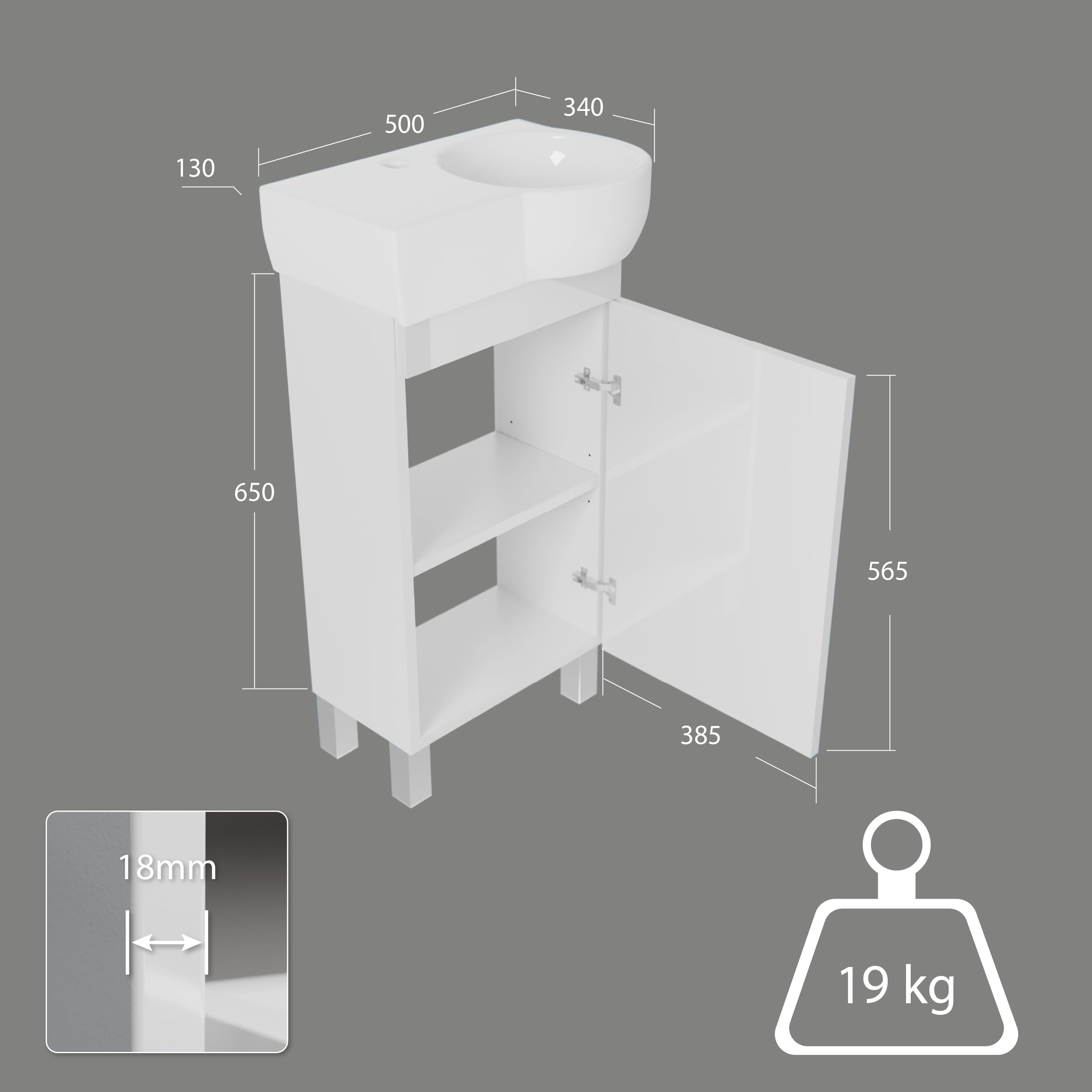 Umywalka z szafka 50 cm szerokości, Burgos szafka pod umywalkę z umywalką - szafka pod umywalkę do łazienki, szafka łazienkowa, szafki łazienkowe (Biały)