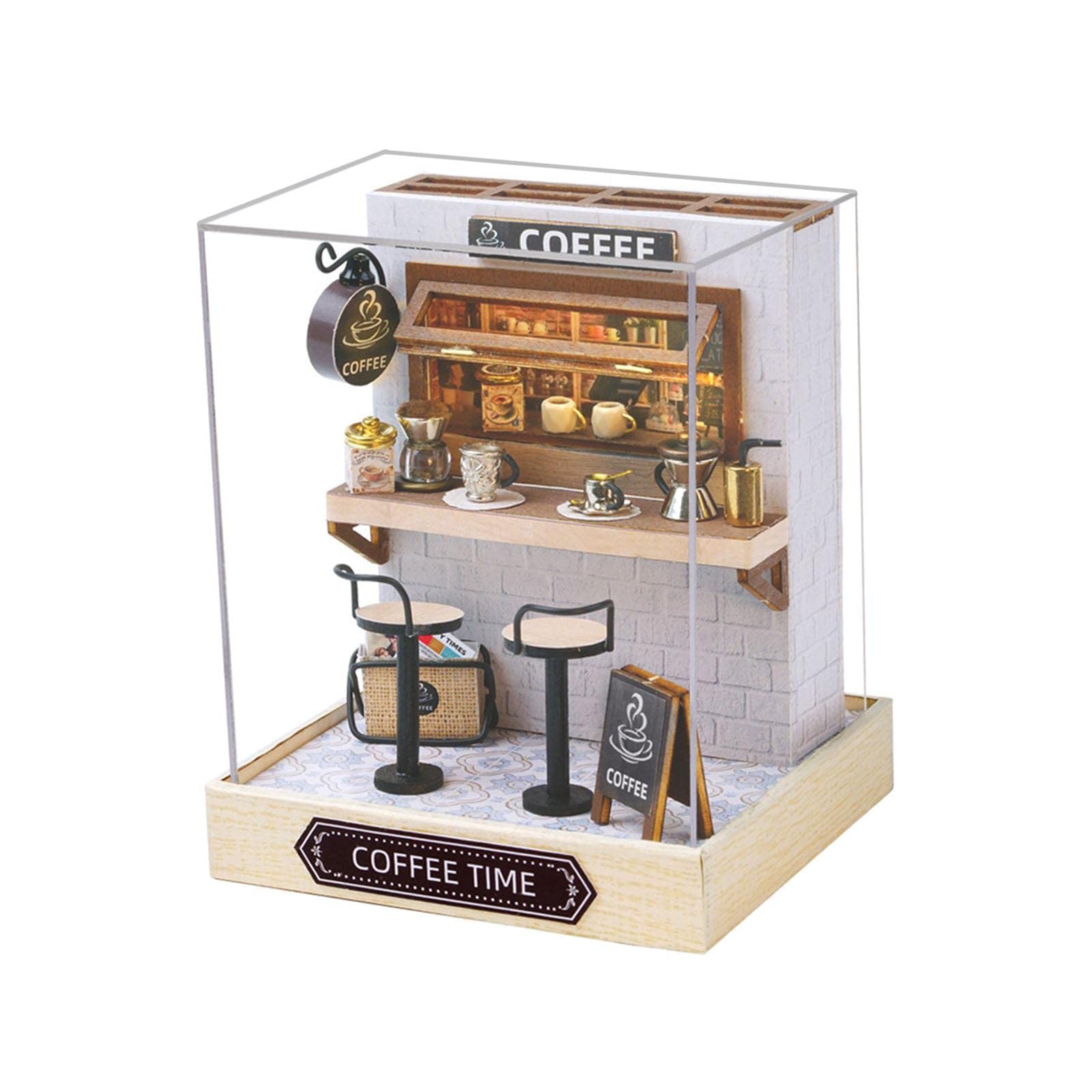 Juego de 5 casas de muñecas en miniatura de madera para niños, adultos, amigos, hora del café, estilo 4