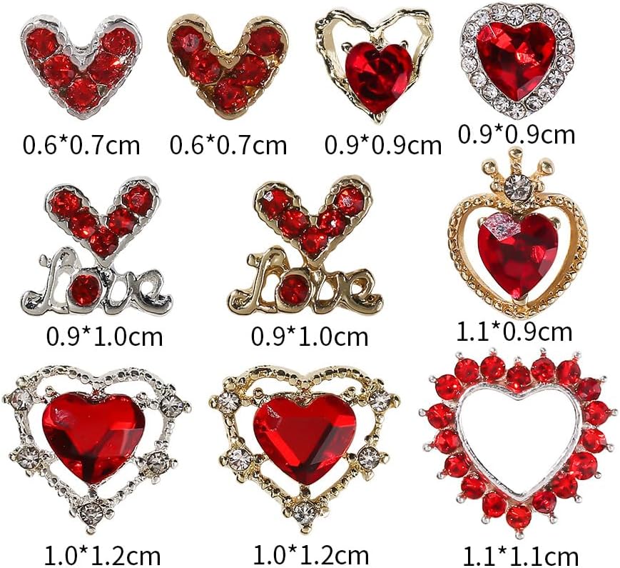 Miniatura 7 de 10 dijes de uñas para el día de San Valentín, diseño de corazón con purpurina, cristales de corazón rojo con purpurina, diamantes de imitación de