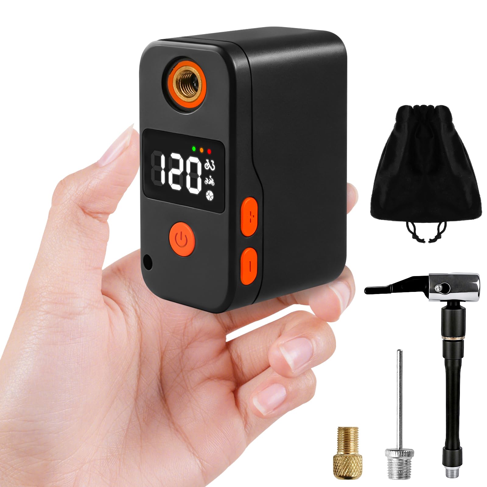 elzle Mini Pompa Elettrica per Bicicletta,120 PSI Portatile Piccola Pompa Per Bicicletta 181g,Display Digitale a LED Pompa per Biciclette con Valvole Presta e Schrader per Biciclette, E-bike, Moto
