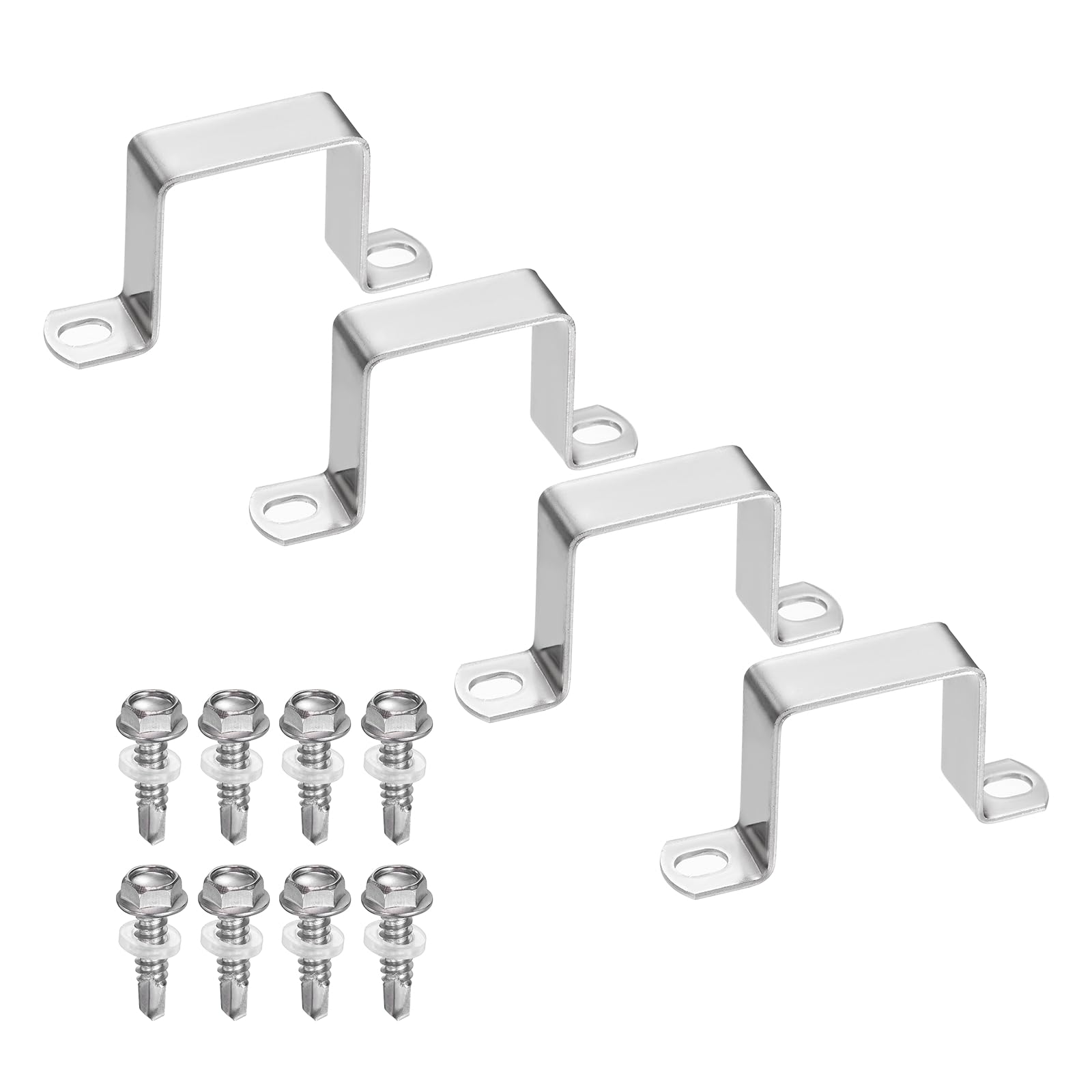 sourcing map 4set U Shaped Connector Bracket 45x45mm 304 Stainless Steel Square Pipe Clamp with Self Tapping Screw Square Tube Buckle for Pipe Hose Cable Automotive Parts, Silver