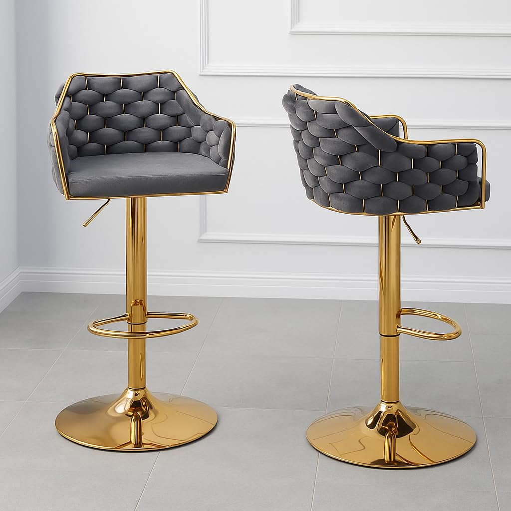 Creative Grey Velvet Height Adjustable Revolving Bar Stool Add Elegance to Your Kitchen or bar with This Premium Chair Featuring Golden Base, and 360° Smooth Swivel Comfort. (Grey) (Pack of 2)
