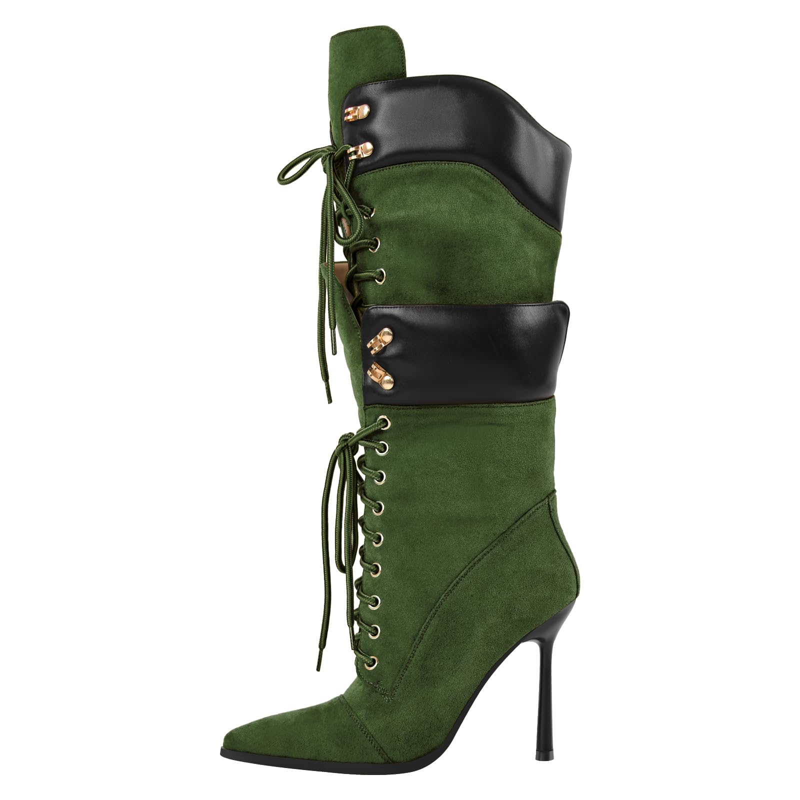 Richealnana Womens Double Lace Pointed Toe Stilettos Straps Up Strappy Knee High Boots