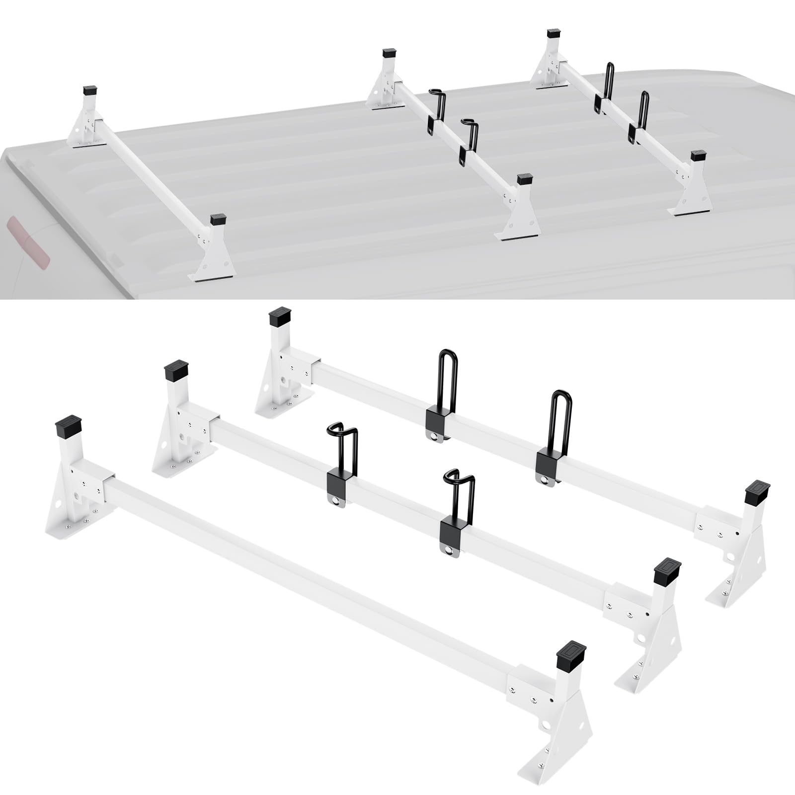 VEVOR Trailer Ladder Rack, 54" 3 Crossbars Ladder Roof Rack, Heavy-duty Steel Van Roof Ladder Rack, 800 lbs Capacity Van Ladder Rack with Straps, Fit for Ford Transit 150, 250, 350, 2015-2022