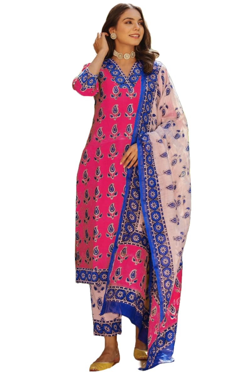 GoSriKi Women's Rayon Blend Straight Printed Kurta with Pant & Dupatta