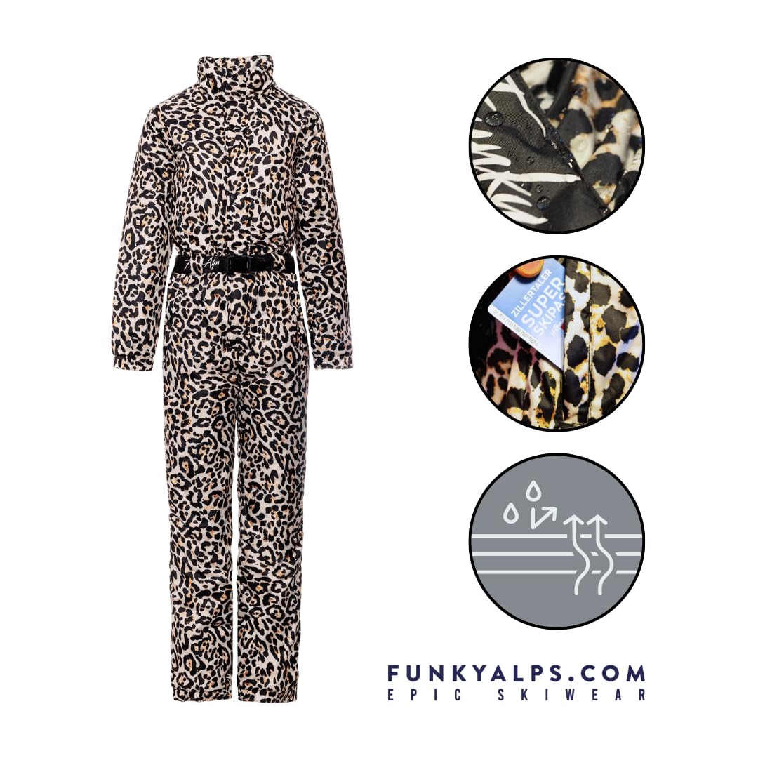 Funky Alps – Tuta da sci Panther Print – Panter Leopard – Tuta da sci – Tuta intera – Onesie – Impermeabile e antivento – Unisex – Stampa – Taglia S-XXL