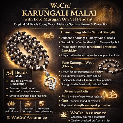 Image of Karungali Malai 8mm Certified with Divine Lord Murugan Om Vel Pendant Silver Plated Original | 54 Beads Authentic Black Ebony Wood Mala with German Silver Cap for Men & Women | Spiritual Protection, Energy Balance & Daily Pooja Wear - 1 Piece