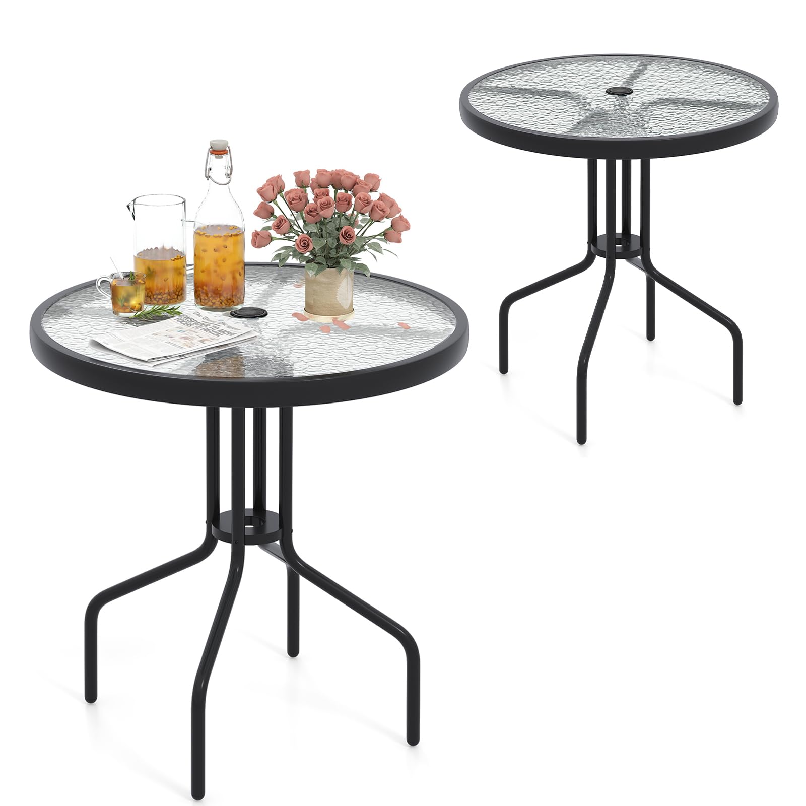 KOMFOTTEU Mesa de Jardín de Vidrio Templado con Agujero para Sombrilla 4 cm | Mesa de Comedor Redonda con Marco de Metal, para Balcón, Terraza, Diámetro 70 cm