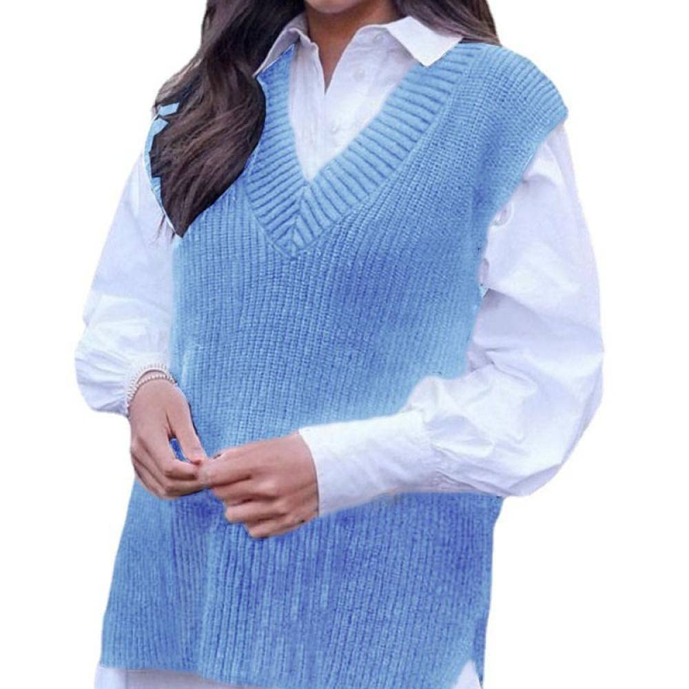 OZEO Gilet Donna,Maglione Casual da Donna Gilet Blu Semplice A Costine con Scollo A V Lavorato A Maglia Gilet Senza Maniche Tinta Unita Maglioni Moda Streetwear Gilet Canotte per Ragazze da Donna,XL