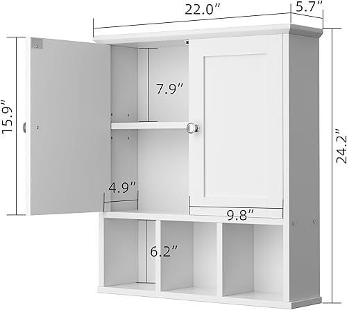 Miniatura 3 de Shintenchi Armario de pared de baño con puerta, organizador de almacenamiento sobre el inodoro, ahorro de espacio con estante ajustable y abierto,