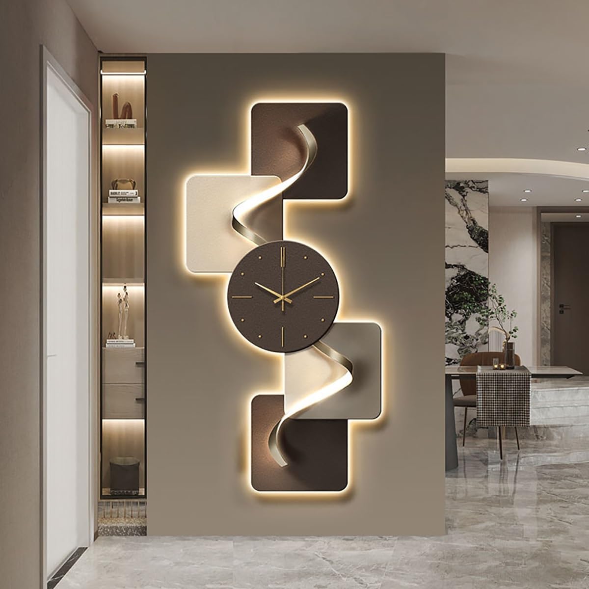 Reloj de pared decorativo con luz LED, movimiento silencioso, diseño geométrico moderno para decoración de sala de estar y dormitorio, sin tictac, fácil de instalar, elegante acento para el hogar