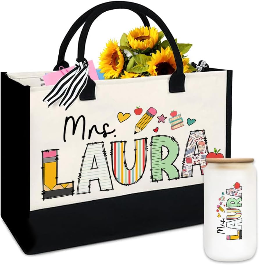 Personalized Teacher's Canvas Tote Bag, Teacher Appreciation Tote Bag and Makeup Bag Glass, Handles Bag Gift