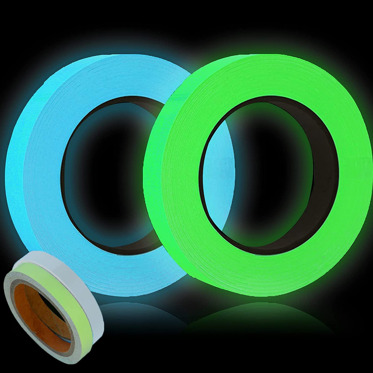 2 pcs Glow in The Dark Tape - 33 FT X 0.5 Inch Luminous Photoluminescent/Luminescent Emergency Roll Safety Egress Markers Stairs, Walls, Steps, Exit Sign. Glowing Pro Theatre Stage Floor (Blue+Green)