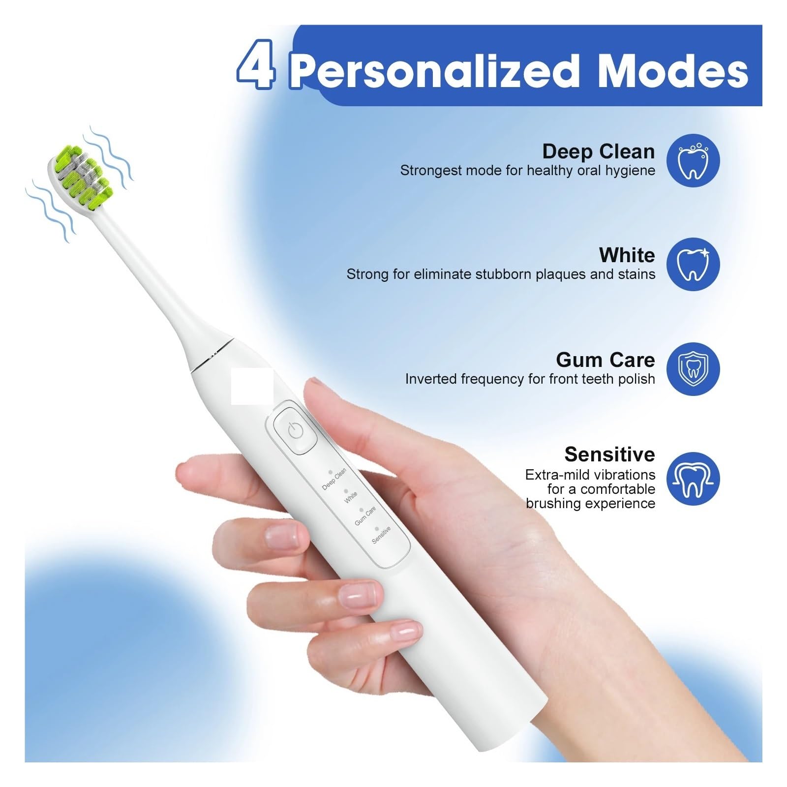 Adecuado para blanquear el cepillo de dientes eléctrico - 4 modos, temporizador inteligente, recargable tipo C, ultra potente con 6 cabezales de repuesto (JK-Y05BK)